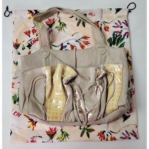 Chi‎ Snake Collage Satchel Bag Taupe Leather Patent Whipstitch Shoulder Bag